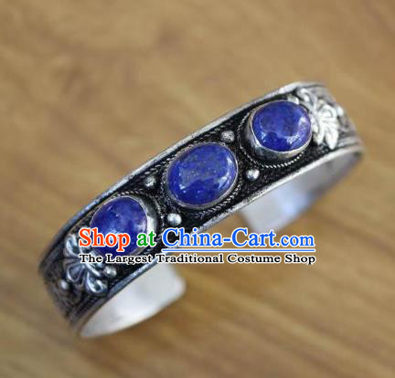 Chinese Traditional Tibetan Nationality Blue Stone Bracelet Jewelry Accessories Decoration Zang Ethnic Handmade Silver Carving Bangle for Women