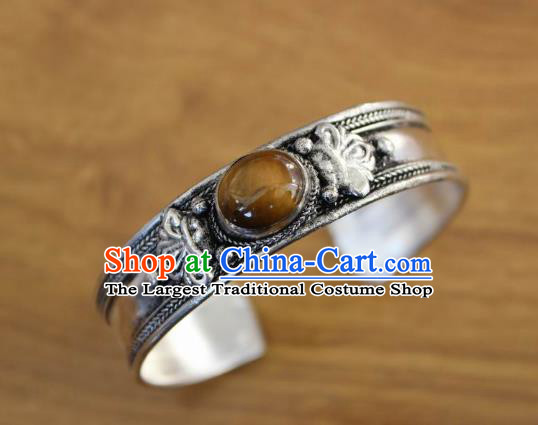 Chinese Traditional Tibetan Nationality Brown Kallaite Bracelet Jewelry Accessories Decoration Handmade Zang Ethnic Silver Carving Bangle for Women