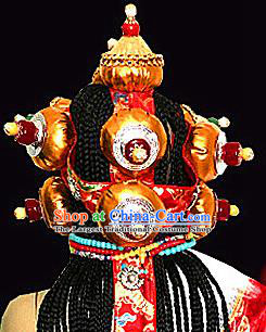 Chinese Traditional Tibetan Nationality Folk Dance Golden Hair Accessories Decoration Handmade Zang Ethnic Bride Wedding Headwear for Women