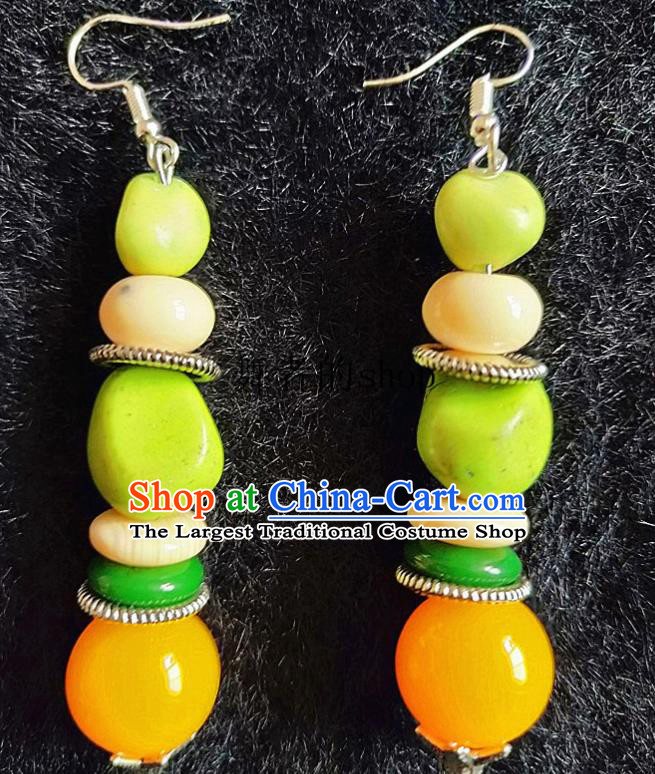 Chinese Traditional Zang Ethnic Earrings Bohemian Ear Accessories Handmade Green Stone Eardrop Decoration for Women
