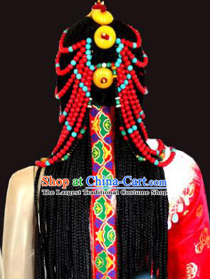 Chinese Traditional Tibetan Nationality Red Beads Hair Accessories Decoration Handmade Zang Ethnic Folk Dance Tassel Headwear for Women