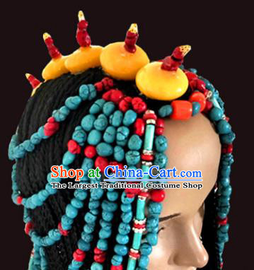 Chinese Traditional Tibetan Nationality Blue Beads Hair Accessories Decoration Handmade Zang Ethnic Folk Dance Tassel Headwear for Women