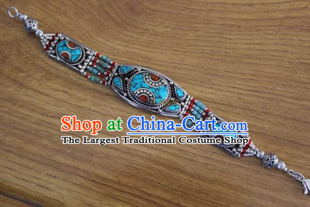 Chinese Traditional Tibetan Nationality Blue Beads Bracelet Jewelry Accessories Decoration Handmade Zang Ethnic Kallaite Bangle for Women