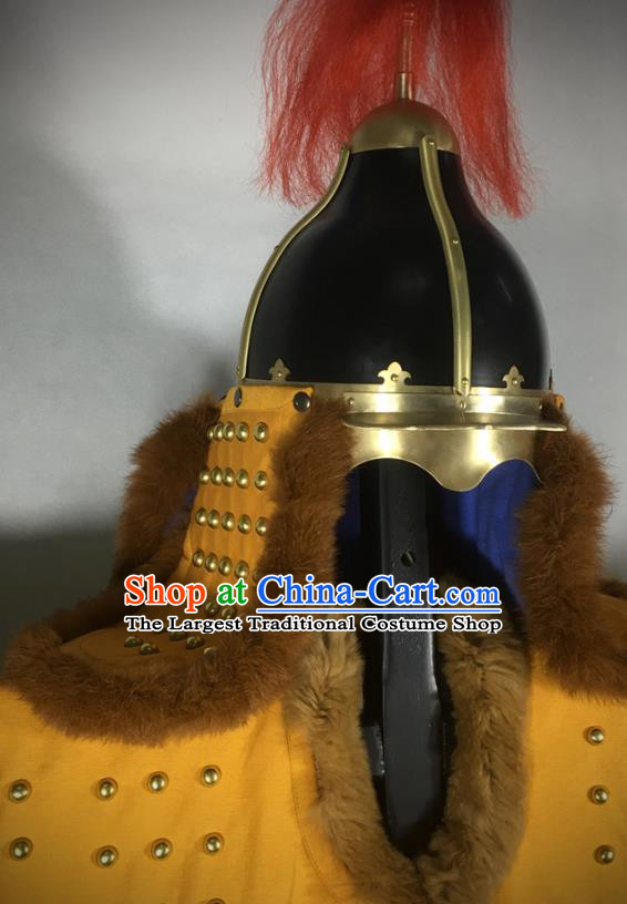 Traditional Korean Ming Dynasty General Yellow Body Armor and Helmet Ancient Warrior Costumes for Men