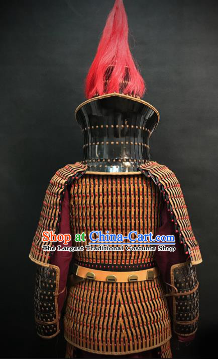 Traditional Chinese Jin Dynasty General Body Armor Ancient Military Officer Cavalry Costumes and Helmet Full Set