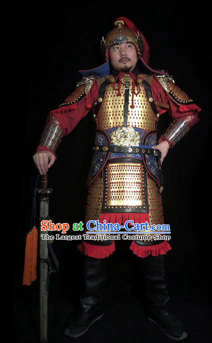 Traditional Chinese Song Dynasty General Golden Body Armor Ancient Cavalry Warrior Iron Costumes and Helmet Full Set