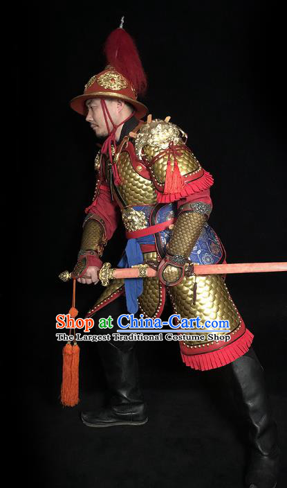 Traditional Chinese Tang Dynasty General Golden Body Armor Ancient Cavalry Warrior Iron Costumes and Helmet Full Set