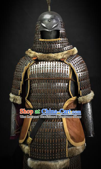 Traditional Chinese Song Dynasty Liao State Military Officer Golden Body Armor Ancient Cavalry Warrior General Iron Costumes and Helmet Full Set