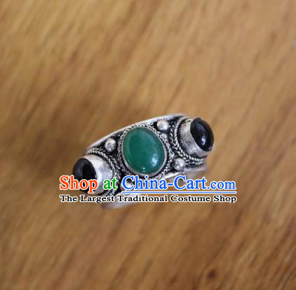 Chinese Traditional Tibetan Nationality Green Jade Ring Accessories Handmade Decoration Zang Ethnic Folk Dance Silver Finger Circlet for Women