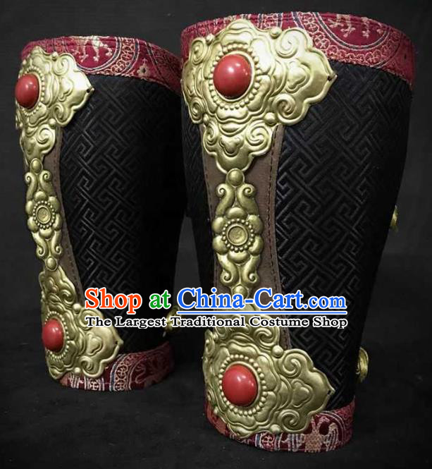Traditional Chinese Song Dynasty Warrior Black Brocade Wrist Guard Wristband Armor Ancient Soldier Leather Wristlets for Men