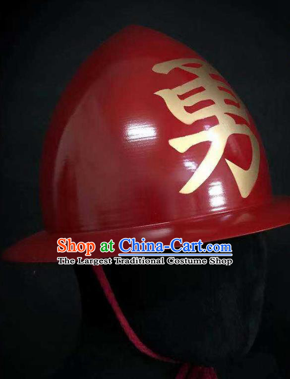 Traditional Chinese Ming Dynasty General Red Armor Hat Headpiece Ancient Warrior Iron Helmet for Men