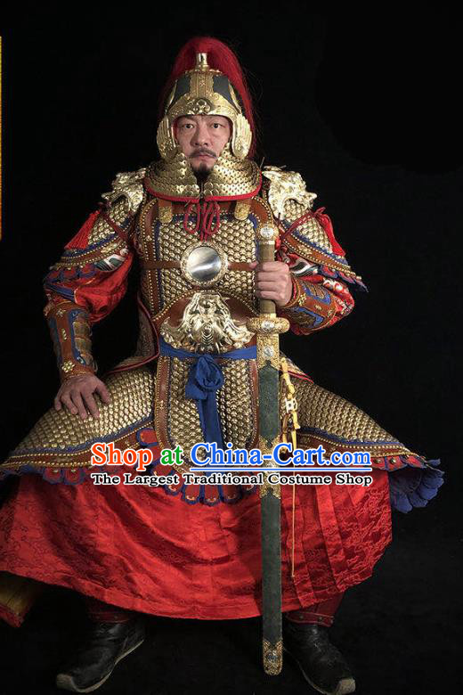 Traditional Chinese Ming Dynasty Imperial Guard Golden Body Armor Outfits Ancient Infantry General Copper Costumes and Helmet Full Set