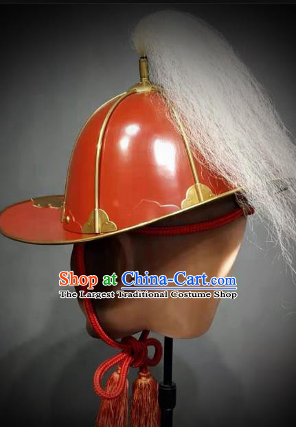 Traditional Chinese Ming Dynasty General Armor Hat Headpiece Ancient Warrior Red Lacquer Iron Helmet for Men