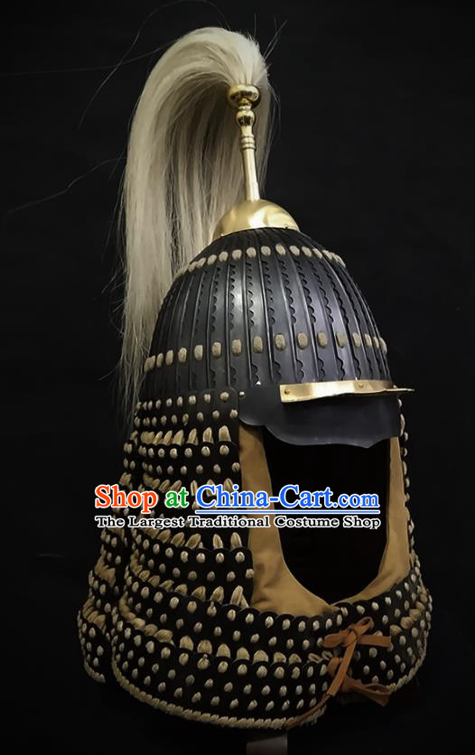 Traditional Chinese Yuan Dynasty General Black Leather Armor Hat Headpiece Ancient Soldier Warrior Armet Iron Helmet for Men