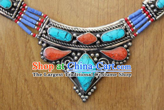 Chinese Traditional Tibetan Nationality Turquoise Necklet Pendant Decoration Zang Ethnic Handmade Kallaite Necklace Jewelry Accessories for Women