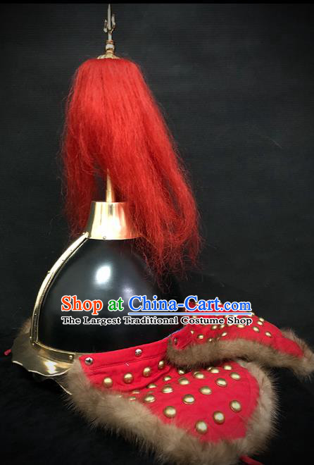 Traditional Chinese Ming Dynasty General Fur Armor Hat Headpiece Ancient Soldier Warrior Armet Iron Helmet for Men