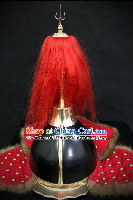 Traditional Chinese Ming Dynasty General Fur Armor Hat Headpiece Ancient Soldier Warrior Armet Iron Helmet for Men