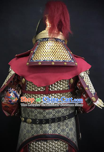 Traditional Chinese Ming Dynasty Military Officer Body Armor Outfits Ancient Film General Copper Costumes and Helmet Full Set