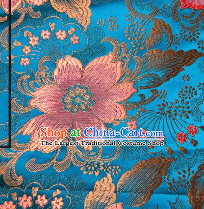Asian Chinese Traditional Flowers Pattern Design Blue Brocade Silk Fabric Cheongsam Tapestry Satin Material DIY Damask