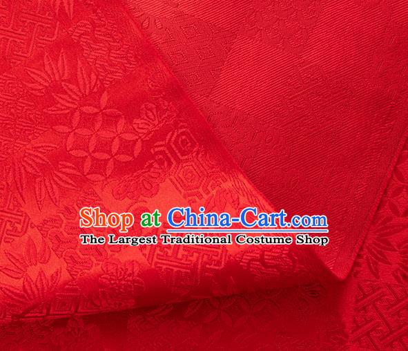 Japanese Traditional Bamboo Leaf Coppor Pattern Design Red Brocade Fabric Silk Material Traditional Asian Japan Kimono Dress Satin Tapestry