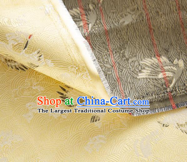 Japanese Traditional Cloud Crane Pattern Design Light Yellow Brocade Fabric Silk Material Traditional Asian Japan Kimono Dress Satin Tapestry