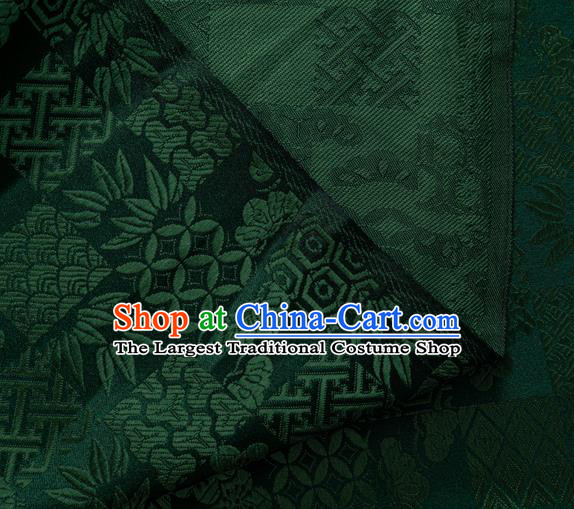 Japanese Traditional Bamboo Leaf Coppor Pattern Design Dark Green Brocade Fabric Silk Material Traditional Asian Japan Kimono Dress Satin Tapestry