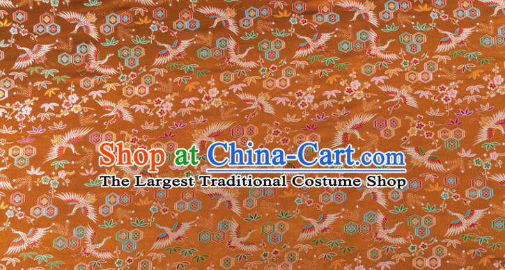 Japanese Traditional Crane Plum Pattern Design Brown Brocade Nishijin Fabric Silk Material Traditional Asian Japan Kimono Tapestry Satin
