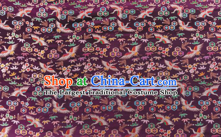 Japanese Traditional Crane Plum Pattern Design Purple Brocade Nishijin Fabric Silk Material Traditional Asian Japan Kimono Tapestry Satin