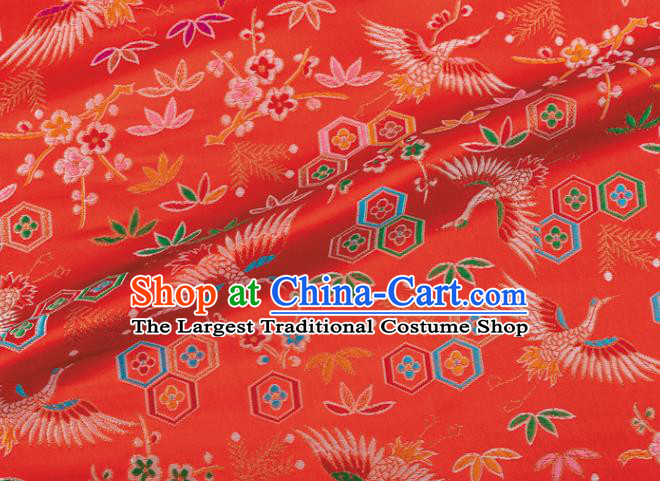 Japanese Traditional Crane Plum Pattern Design Red Brocade Nishijin Fabric Silk Material Traditional Asian Japan Kimono Tapestry Satin