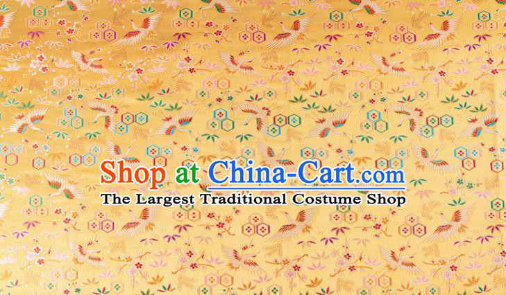 Japanese Traditional Crane Plum Pattern Design Yellow Brocade Nishijin Fabric Silk Material Traditional Asian Japan Kimono Tapestry Satin