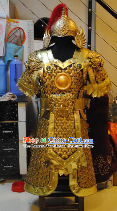 Traditional Chinese Han Dynasty General Golden Body Armor Outfits Ancient Film Military Officer Armour Costumes and Helmet Full Set