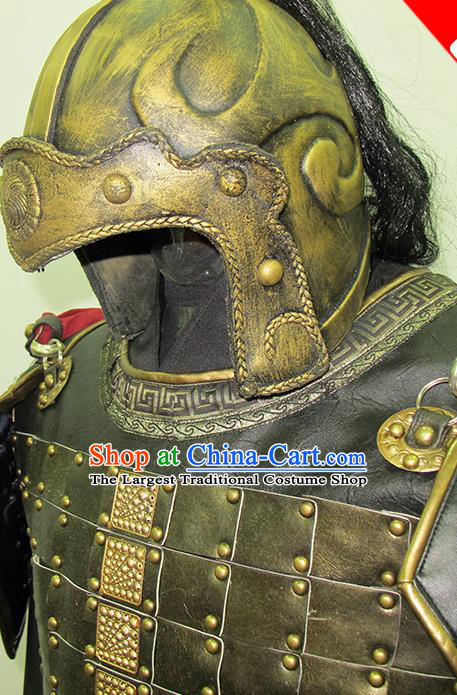 Traditional Chinese Three Kingdoms Period Soldier Leather Body Armor Outfits Ancient Film Military Officer Armour Warrior Costumes and Headwear Full Set