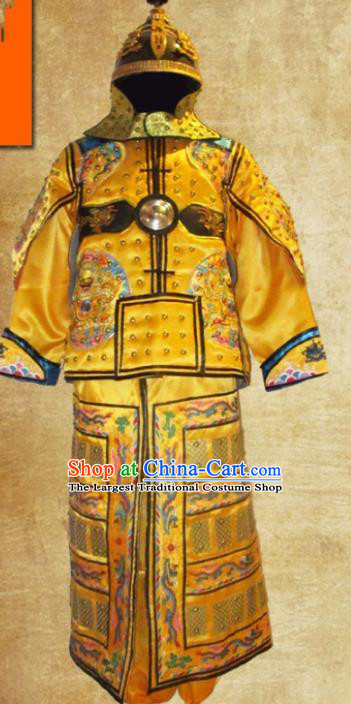 Traditional Chinese Qing Dynasty Emperor Golden Body Armor Outfits Ancient Film Manchu General Armour Costumes and Headwear Full Set