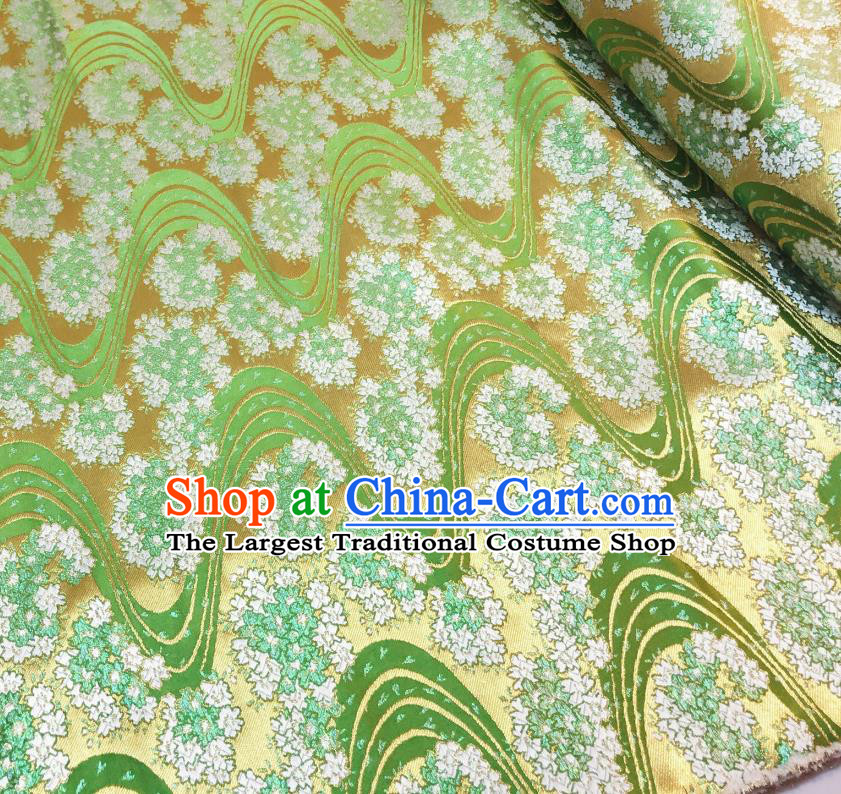 Japanese Traditional Sakura Pattern Design Green Nishijin Brocade Fabric Silk Material Traditional Asian Yamato Kimono Satin Tapestry