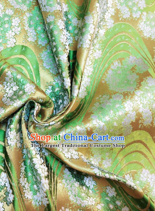 Japanese Traditional Sakura Pattern Design Green Nishijin Brocade Fabric Silk Material Traditional Asian Yamato Kimono Satin Tapestry