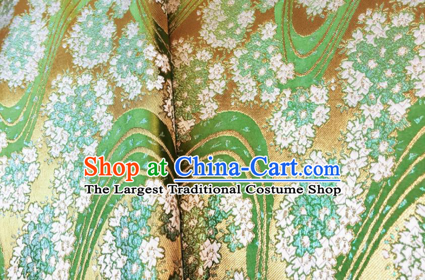 Japanese Traditional Sakura Pattern Design Green Nishijin Brocade Fabric Silk Material Traditional Asian Yamato Kimono Satin Tapestry