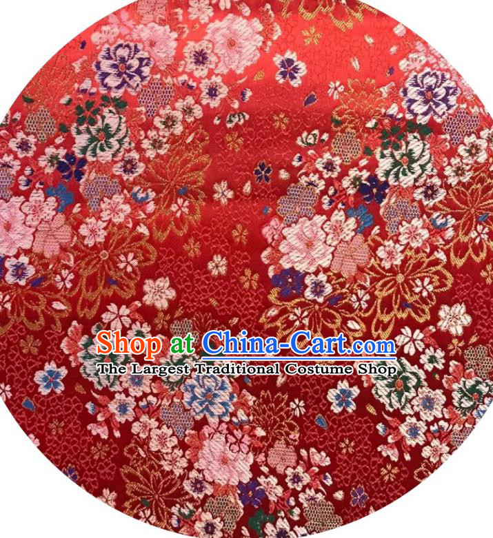 Japanese Traditional Sakura Peony Pattern Design Red Nishijin Brocade Fabric Silk Material Traditional Asian Japan Kimono Satin Tapestry