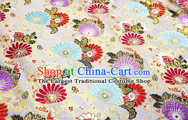 Japanese Traditional Daisy Pattern Design White Nishijin Brocade Fabric Silk Material Traditional Asian Japan Kimono Satin Tapestry