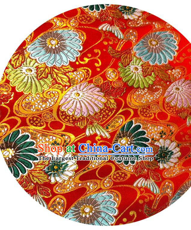 Japanese Traditional Daisy Pattern Design Red Nishijin Brocade Fabric Silk Material Traditional Asian Japan Kimono Satin Tapestry