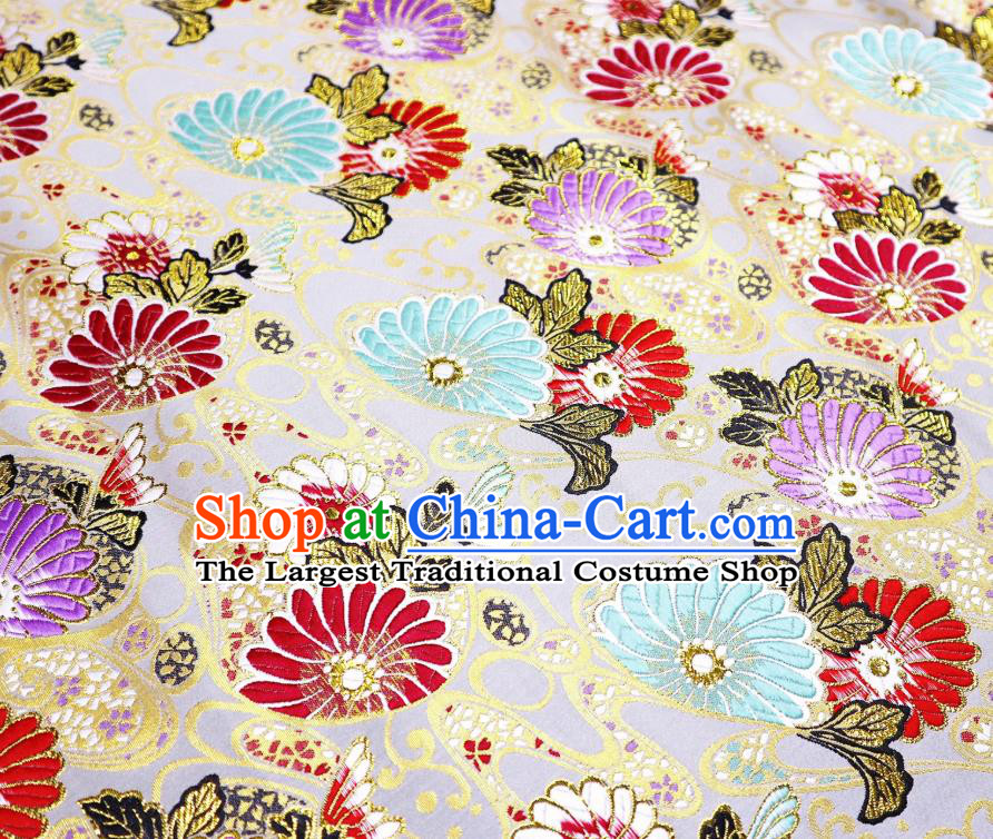 Japanese Traditional Daisy Pattern Design Beige Nishijin Brocade Fabric Silk Material Traditional Asian Japan Kimono Satin Tapestry