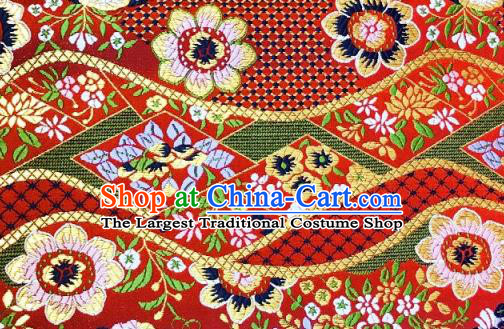 Japanese Traditional Flow Flowers Pattern Design Red Nishijin Brocade Fabric Silk Material Traditional Asian Japan Kimono Dress Satin Tapestry
