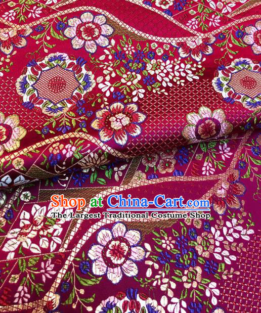 Japanese Traditional Flow Flowers Pattern Design Magenta Nishijin Brocade Fabric Silk Material Traditional Asian Japan Kimono Dress Satin Tapestry