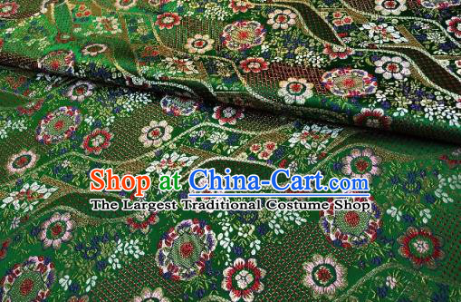 Japanese Traditional Flow Flowers Pattern Design Green Nishijin Brocade Fabric Silk Material Traditional Asian Japan Kimono Dress Satin Tapestry