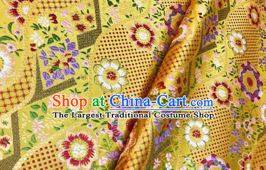 Japanese Traditional Flow Flowers Pattern Design Yellow Nishijin Brocade Fabric Silk Material Traditional Asian Japan Kimono Dress Satin Tapestry