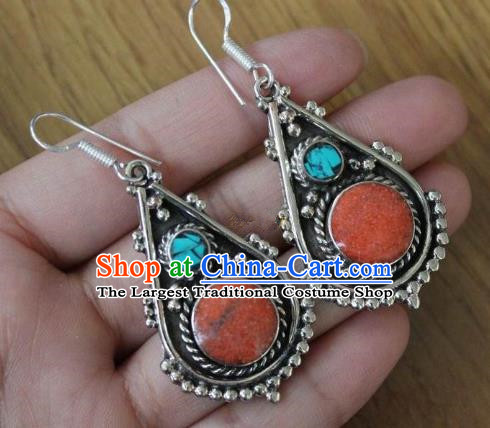 Chinese Traditional Tibetan Nationality Stone Ear Accessories Handmade Eardrop Decoration Zang Ethnic Folk Dance Silver Earrings for Women