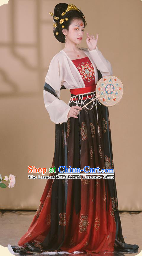 Chinese Ancient Tang Dynasty Court Woman Hanfu Garment Imperial Concubine Black Chiffon Cloak Blouse Camisole and Skirt Costumes Full Set