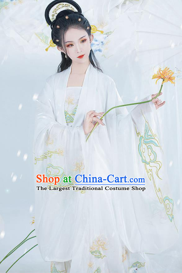 Chinese Ancient Noble Lady Hanfu Garment Costumes Tang Dynasty Royal Princess Cape Blouse Sun Top and Embroidered White Skirt Complete Set
