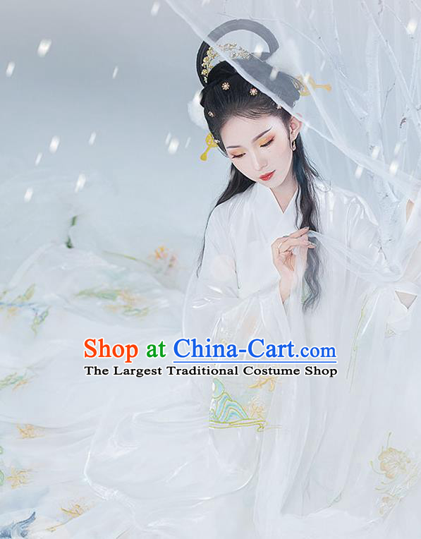 Chinese Ancient Noble Lady Hanfu Garment Costumes Tang Dynasty Royal Princess Cape Blouse Sun Top and Embroidered White Skirt Complete Set