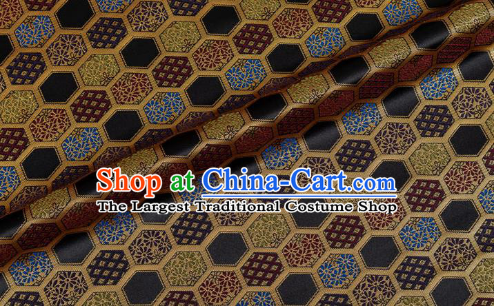 Japanese Traditional Hexagon Daisy Pattern Design Black Brocade Nishijin Fabric Silk Material Traditional Asian Japan Kimono Tapestry Satin