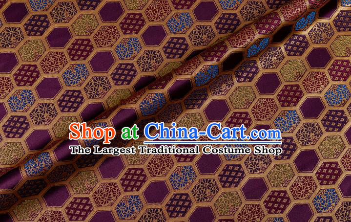 Japanese Traditional Hexagon Daisy Pattern Design Purple Brocade Nishijin Fabric Silk Material Traditional Asian Japan Kimono Tapestry Satin
